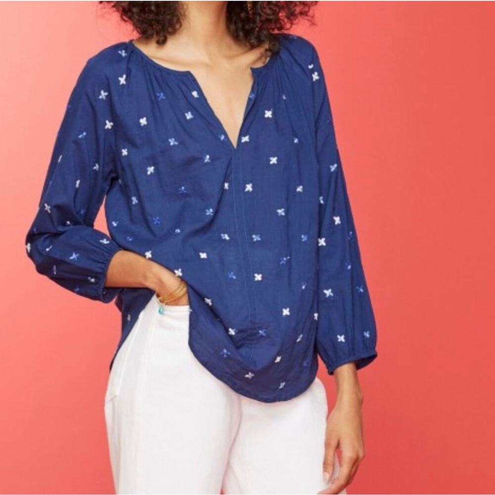 Boho Roller Rabbit Lotus Embroidery Malm Top Size XS Blue White Cotton Peasant